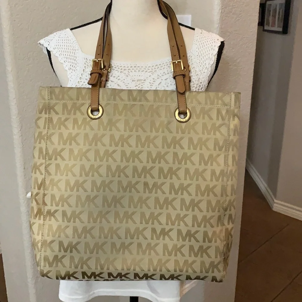 Michael Kors MK monogrammed print tan large shoulder bag with tan leather straps